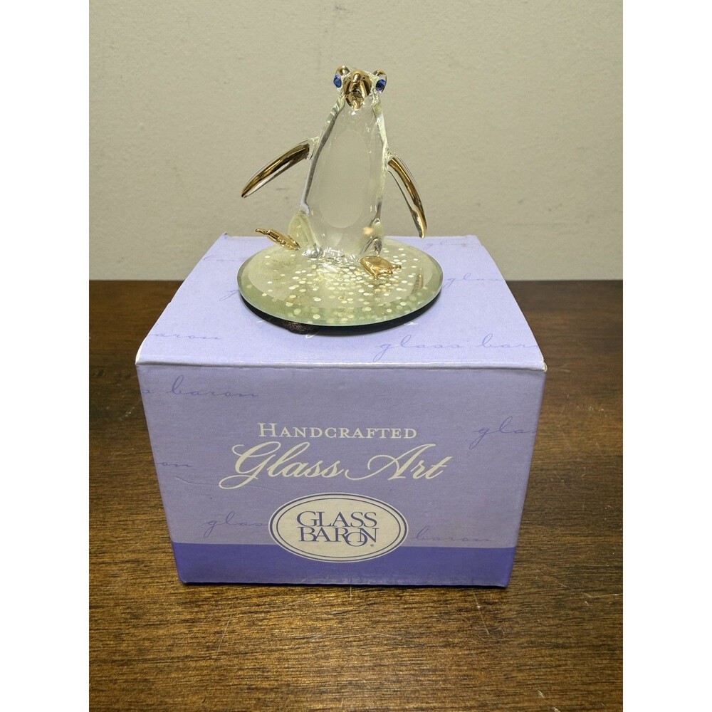 VTG Glass Baron Clear Art Glass Penguin Figurine Gold Wing Blue Eyes Mirror WBox